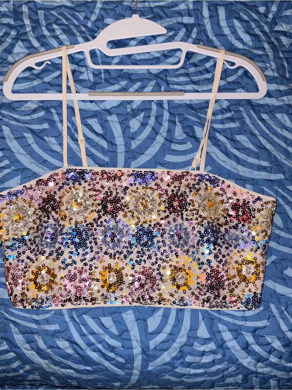 12th Tribe Multicolor Sequin Floral Bandeau Crop Top with Spaghetti Straps